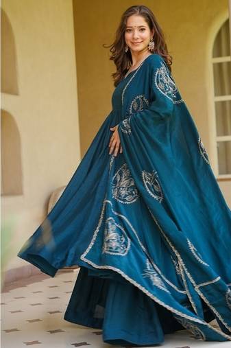teal blue embroidered brocade full stitched anarkali suit