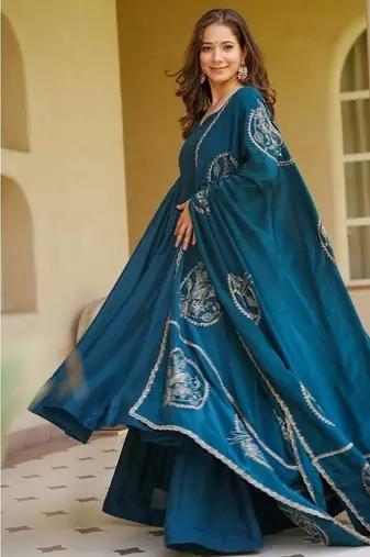 teal blue embroidered brocade full stitched anarkali suit