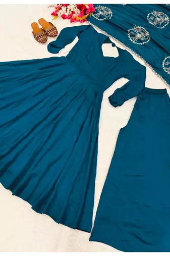 teal blue embroidered brocade full stitched anarkali suit
