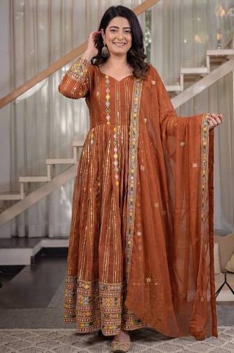 rust embroidered brocade full stitched anarkali suit