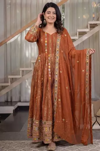 rust embroidered brocade full stitched anarkali suit