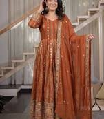 rust embroidered brocade full stitched anarkali suit
