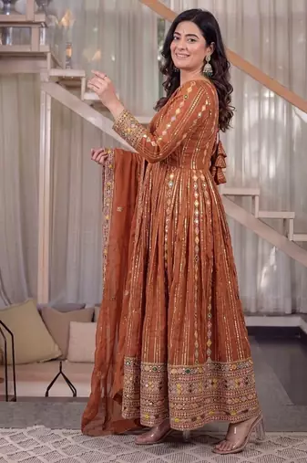 rust embroidered brocade full stitched anarkali suit