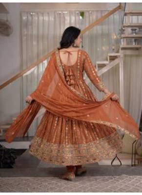rust embroidered brocade full stitched anarkali suit 3