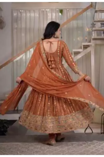 rust embroidered brocade full stitched anarkali suit