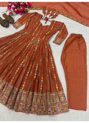 rust embroidered brocade full stitched anarkali suit 4