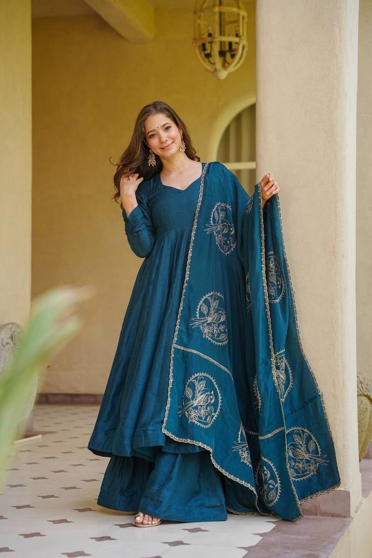Teal Color embroidery work Silk Blend Salwar Suit