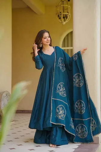 Teal Color embroidery work Silk Blend Salwar Suit