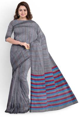 Grey striped cotton blend saree with blue pink pallu 1