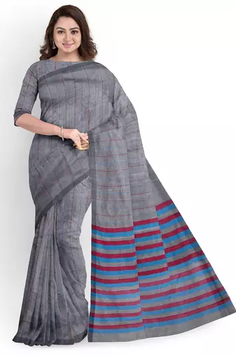 Grey striped cotton blend saree with blue pink pallu
