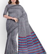 Grey striped cotton blend saree with blue pink pallu