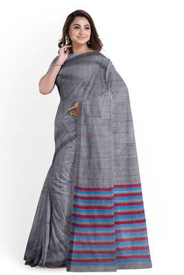 Grey striped cotton blend saree with blue pink pallu 2
