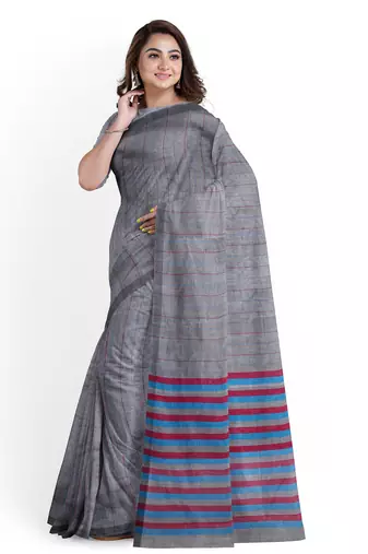 Grey striped cotton blend saree with blue pink pallu