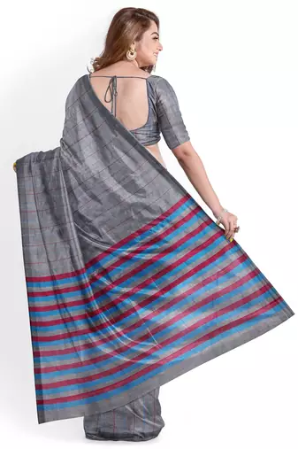 Grey striped cotton blend saree with blue pink pallu