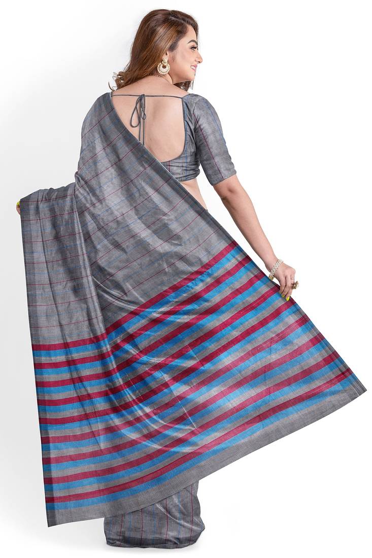 Grey striped cotton blend saree with blue pink pallu