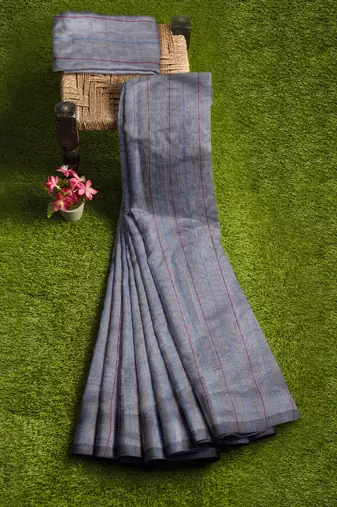 Grey striped cotton blend saree with blue pink pallu