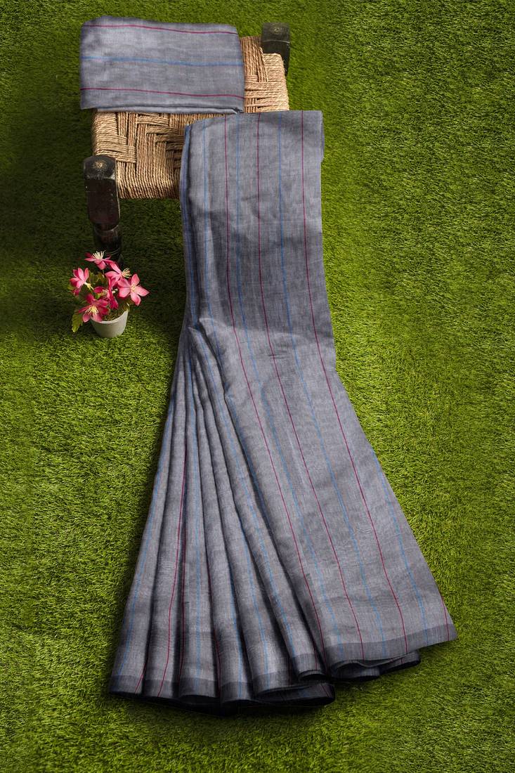 Grey striped cotton blend saree with blue pink pallu