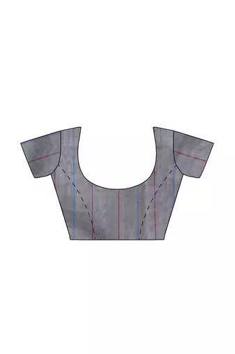 Grey striped cotton blend saree with blue pink pallu