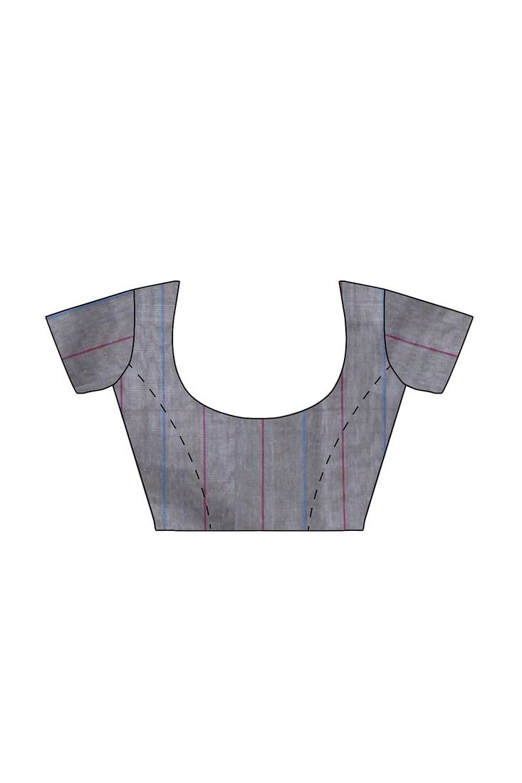 Grey striped cotton blend saree with blue pink pallu