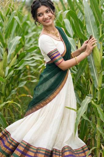 Festive Off-White Cotton Lehenga Choli Set with Dark Green Zari Border Dupatta