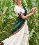 Festive Off-White Cotton Lehenga Choli Set with Dark Green Zari Border Dupatta