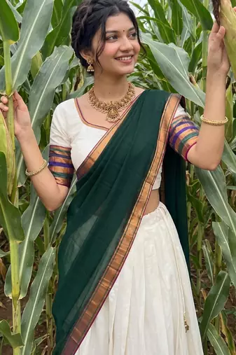 Festive Off-White Cotton Lehenga Choli Set with Dark Green Zari Border Dupatta