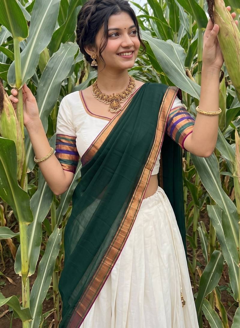Festive Off-White Cotton Lehenga Choli Set with Dark Green Zari Border Dupatta