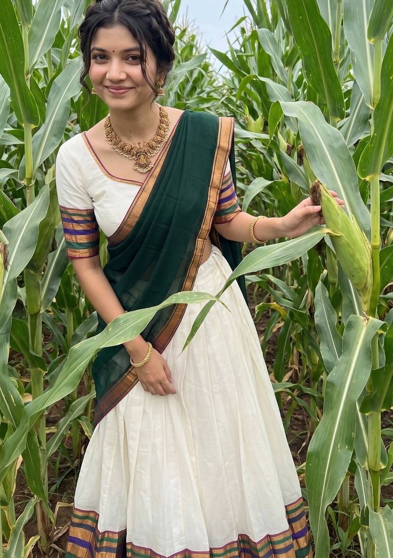 Festive Off-White Cotton Lehenga Choli Set with Dark Green Zari Border Dupatta