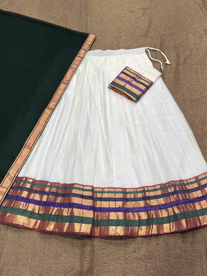 Festive Off-White Cotton Lehenga Choli Set with Dark Green Zari Border Dupatta 4