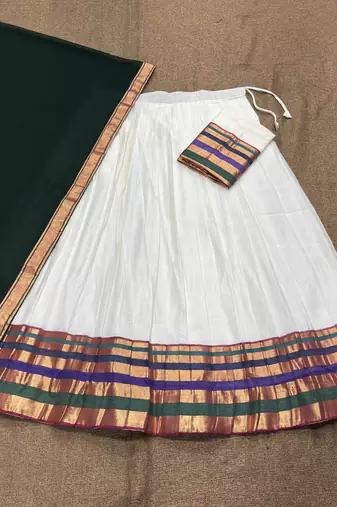 Festive Off-White Cotton Lehenga Choli Set with Dark Green Zari Border Dupatta