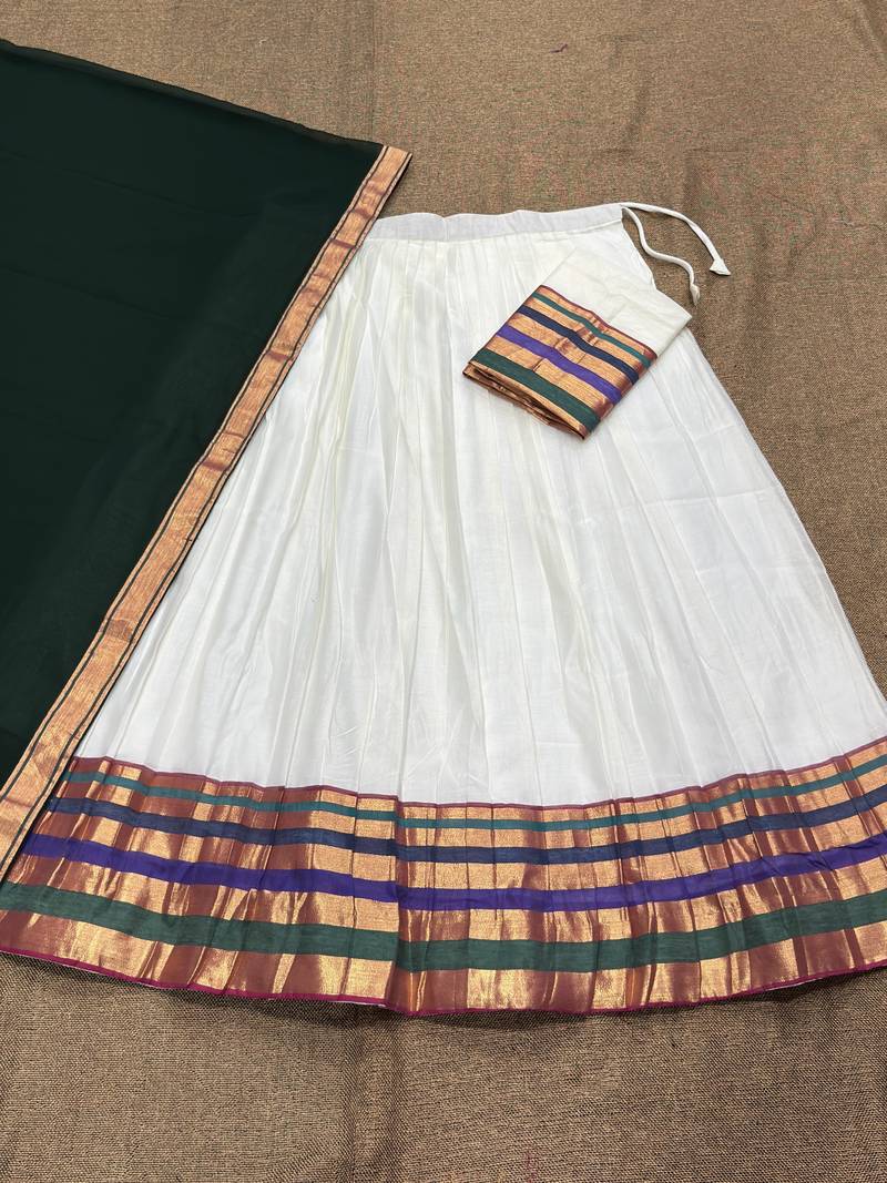 Festive Off-White Cotton Lehenga Choli Set with Dark Green Zari Border Dupatta
