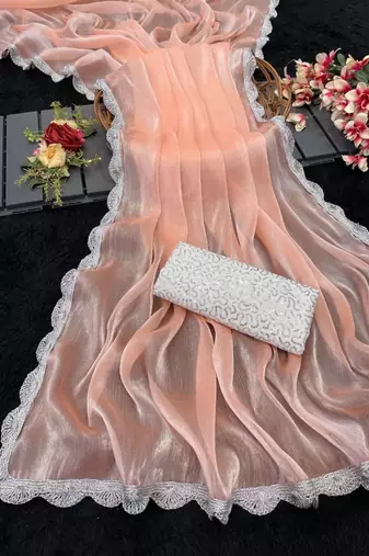 Peach Color Silver Lace border Oraganza Silk Saree