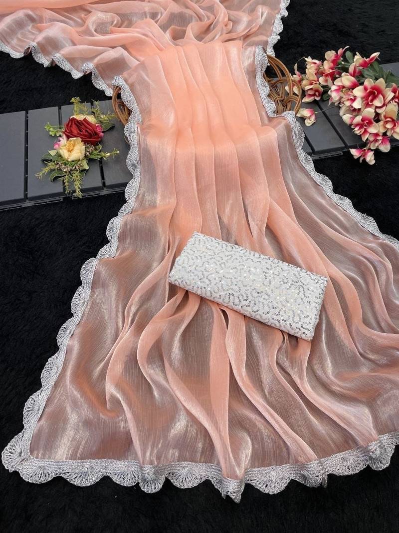 Peach Color Silver Lace border Oraganza Silk Saree