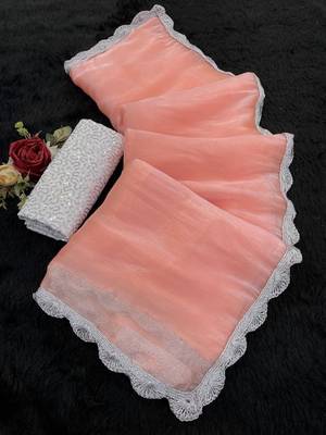 Peach Color Silver Lace border Oraganza Silk Saree 3