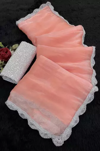 Peach Color Silver Lace border Oraganza Silk Saree