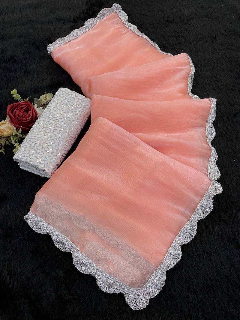 Peach Color Silver Lace border Oraganza Silk Saree