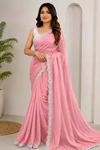 Pink Color Silver Lace border Oraganza Silk Saree