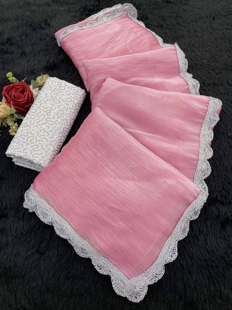 Pink Color Silver Lace border Oraganza Silk Saree