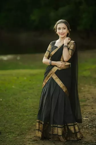 Women’s Black Saree with Golden Woven Border and Matching Blouse Piece