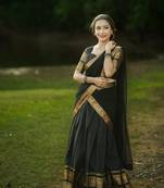 Women’s Black Saree with Golden Woven Border and Matching Blouse Piece
