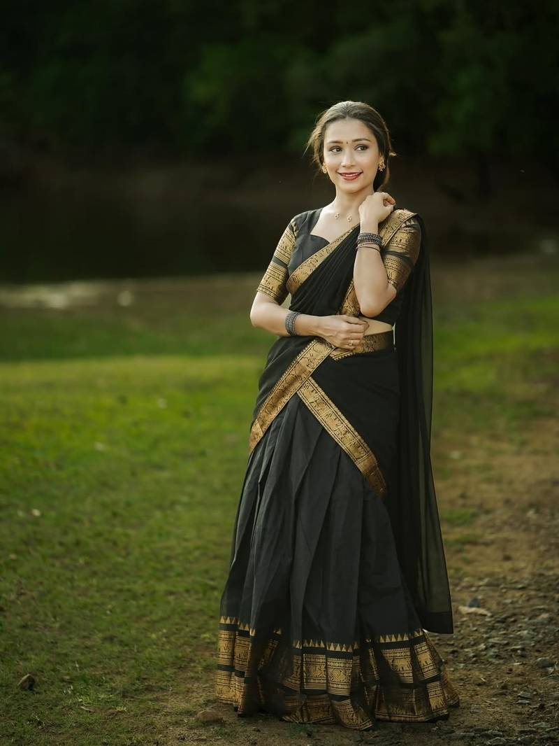 Women’s Black Saree with Golden Woven Border and Matching Blouse Piece