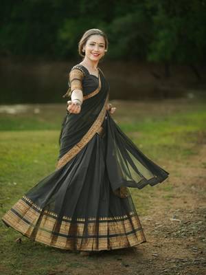 Women’s Black Saree with Golden Woven Border and Matching Blouse Piece 2
