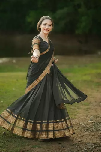 Women’s Black Saree with Golden Woven Border and Matching Blouse Piece