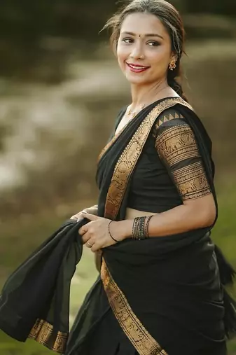 Women’s Black Saree with Golden Woven Border and Matching Blouse Piece
