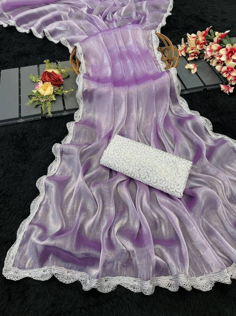Lavender Color Silver Lace border Oraganza Silk Saree