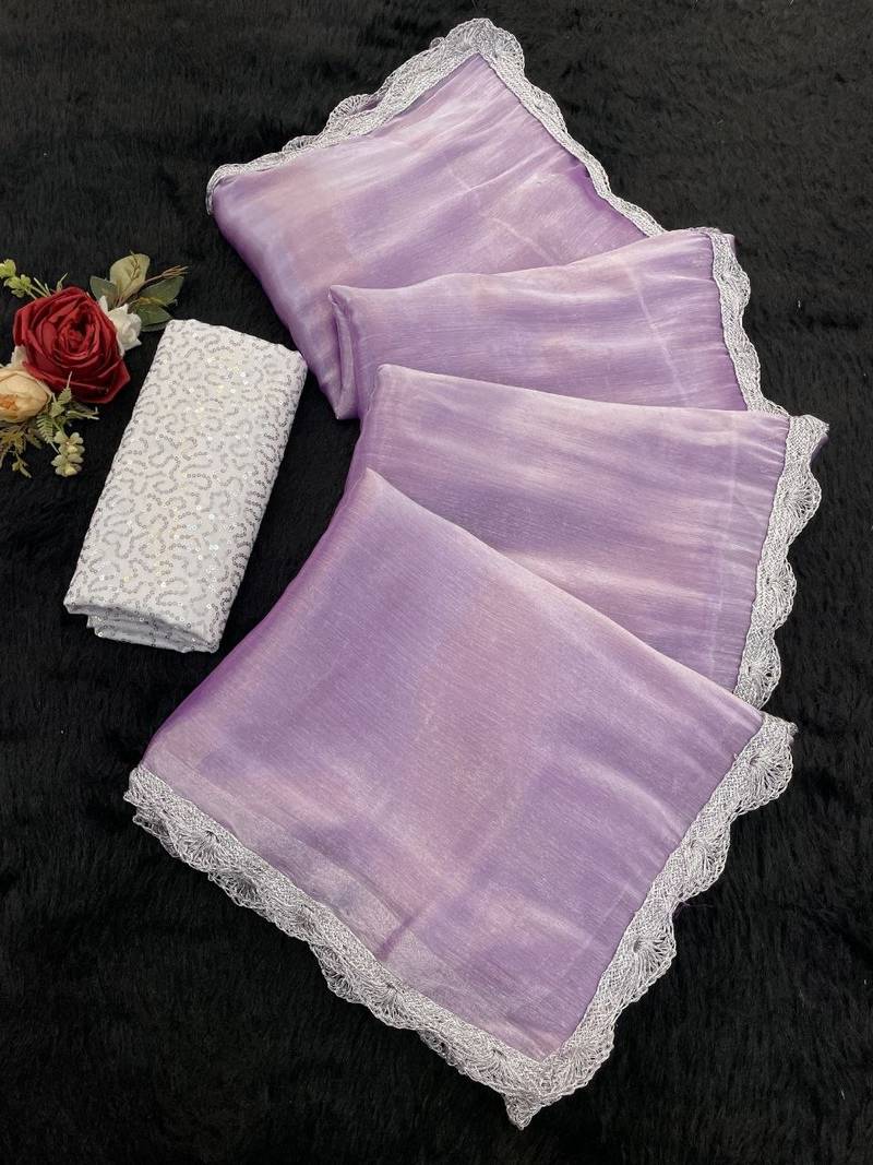 Lavender Color Silver Lace border Oraganza Silk Saree