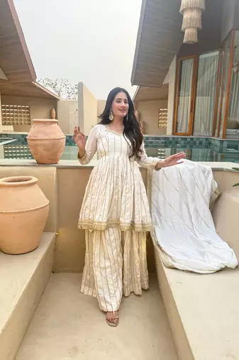 White Color Embroidery Sequence Work Silk Blend Salwar Suit