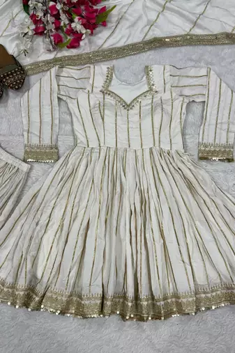 White Color Embroidery Sequence Work Silk Blend Salwar Suit
