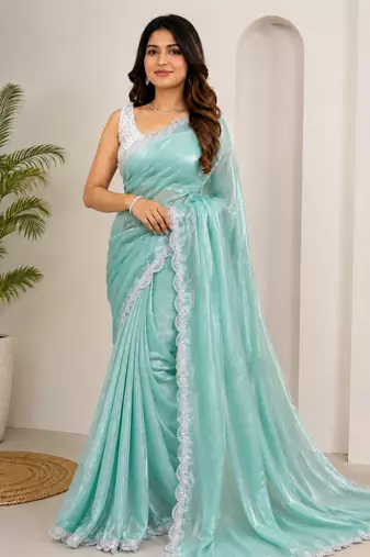 Sea Green Color Silver Lace border Oraganza Silk Saree