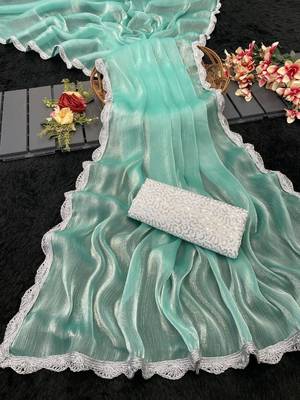 Sea Green Color Silver Lace border Oraganza Silk Saree 2